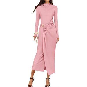 Zesica Women's Pink Long Sleeve Mock Neck Long Midi Bodycon Cocktail Dress